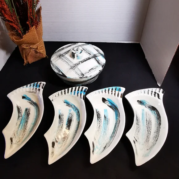 California Pottery Vintage Serving Set Blue and Black Brushstroke Plaid 6 Pieces - Picture 8 of 16